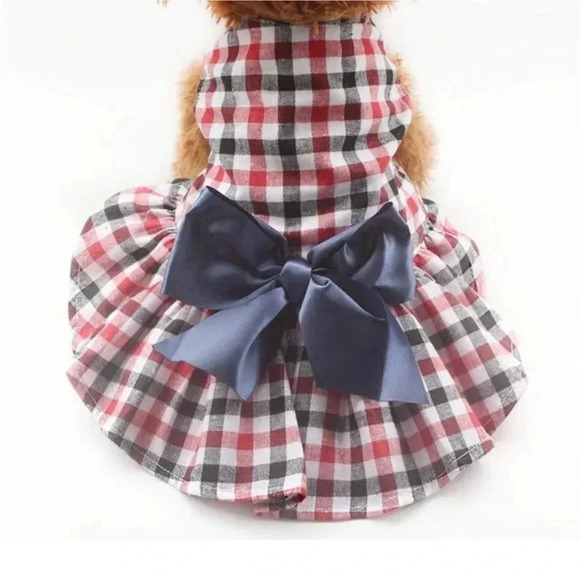 HOLIDAY DOG DRESS BUFFALO PLAID RUFFLE HEM  W BIG BOW & GEMSTONE FOR SMALL DOG - Picture 1 of 12
